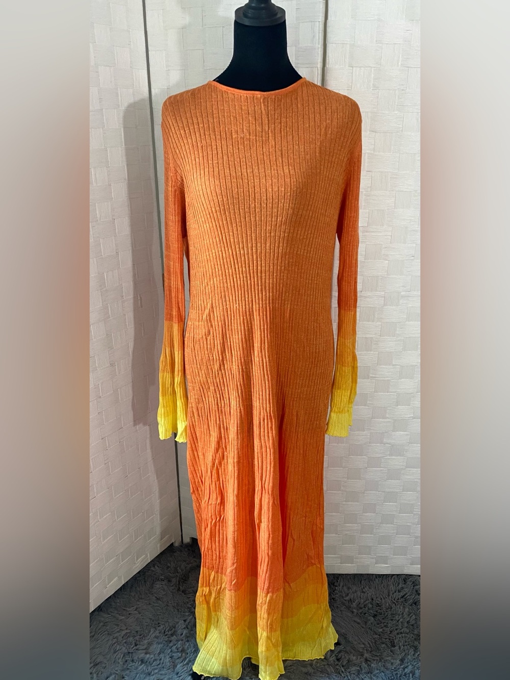 Future Collective Orange Long-Sleeve Ribbed Maxi Dress with Yellow Ombre Accents